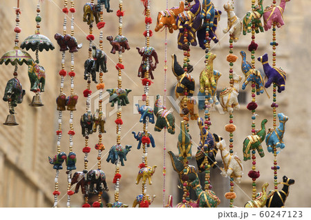 Traditional art and craft hangings near Kothari's Patwon ki Haveli, Jaisalmer, Rajasthan, India 60247123