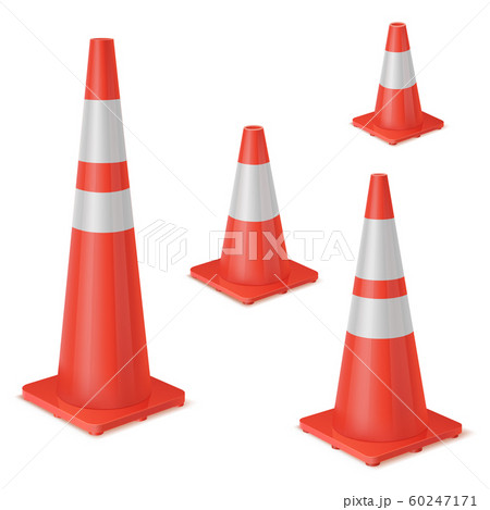 Red realistic road plastic white striped shiny cone. equipment to ensure safe movement during road Red realistic road plastic white striped shiny cone. equipment to ensure safe movement during road 60247171