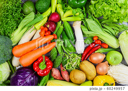Mixed vegetables and fruits background healthy Mixed vegetables and fruits background healthy 60249957