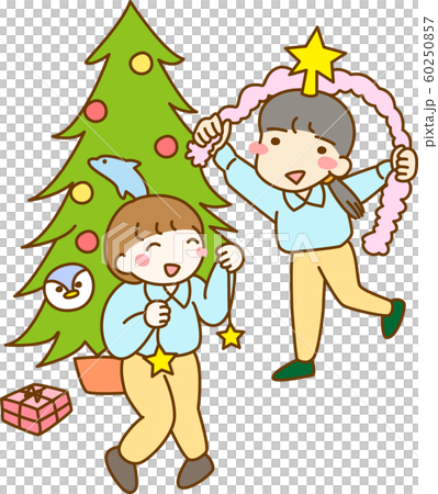 クリスマス 飾りつけ 準備 クリスマスツリー プレゼント 女の子 2人 子ども 楽しい 仲良しのイラスト素材