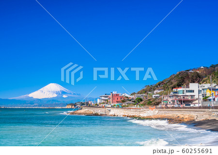 神奈川　湘南海岸　稲村ヶ崎からの富士山 60255691