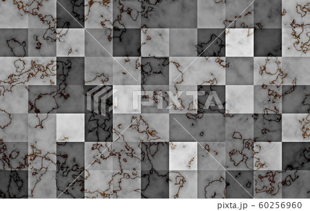 Marble textured with gradient geometric square blocks. Natural black and gold swirls and ripples on grey background. Abstract pattern. 60256960