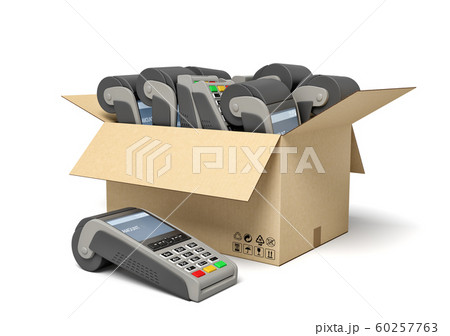 3d rendering of cardboard box full of several point-of-sale terminals. 3d rendering of cardboard box full of several point-of-sale terminals. 60257763