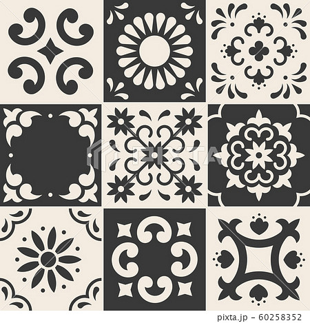 Mexican talavera pattern. Ceramic tiles in traditional style from Puebla. Mexico floral mosaic in blue and white. Folk art design. Mexican talavera pattern. Ceramic tiles in traditional style from Puebla. Mexico floral mosaic in blue and white. Folk art design. 60258352