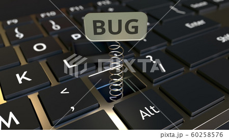 Computer keyboard and jack-in-the-box BUG message in the key. Conceptual 3D rendering 60258576