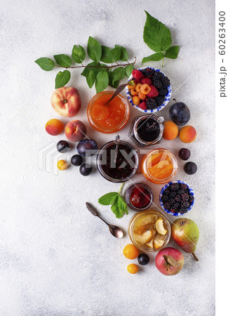 Assortment of different jams in jars Assortment of different jams in jars 60263400