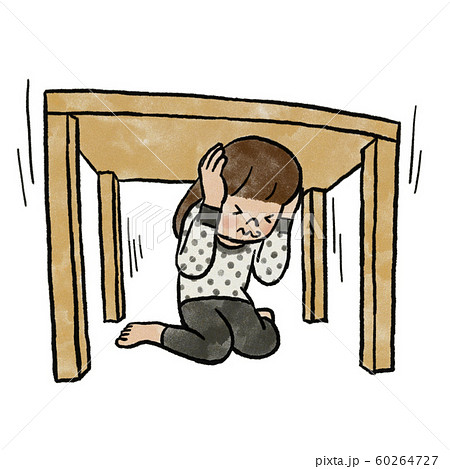 地震時にテーブルの下に隠れる女の子のイラスト素材