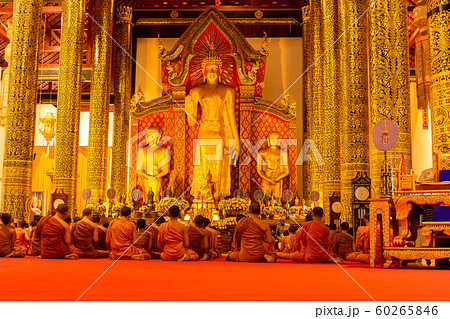 Monk prayer in Buddha days in Wat Chedi Luang Temple. 60265846