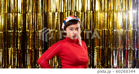 short black hair Asian Girl in neon bright dress 60268344