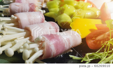 On selective focus of vegetables, mushrooms andの写真素材