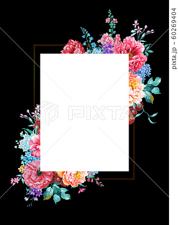 由手绘玫瑰，蜀葵，牡丹花等花卉组成的可用于海报，贺卡，请柬模板。 60269404