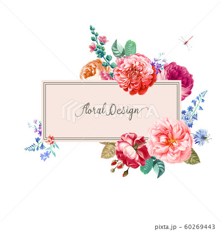 由手绘玫瑰，蜀葵，蔷薇等花卉组成的可用于海报，贺卡，请柬模板。 60269443