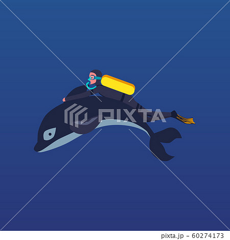 Cartoon man scuba diving while holding dolphin fin isolated on blue background 60274173