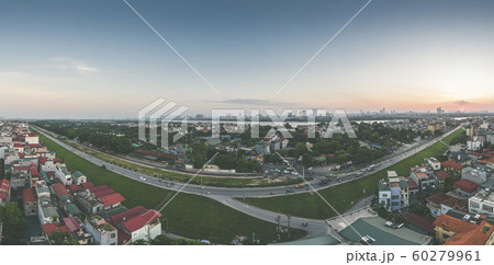 Long Bien - Xuan Quan, Ha Noi, Viet Nam, Panorama Aerial Drone Shot in in Sunset 60279961