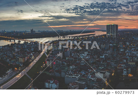 Burning Sky Sunnset in Long Bien, Ha Noi. Panorama Aerial Drone Shot Burning Sky Sunnset in Long Bien, Ha Noi. Panorama Aerial Drone Shot 60279973