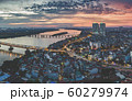Burning Sky Sunnset in Long Bien, Ha Noi. Panorama Aerial Drone Shot of Red River (Song Hong) 60279974
