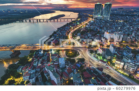 Burning Sky Sunnset in Long Bien, Ha Noi. Panorama Aerial Drone Shot of Chuong Duong Bridge, Gia Lam Burning Sky Sunnset in Long Bien, Ha Noi. Panorama Aerial Drone Shot of Chuong Duong Bridge, Gia Lam 60279976
