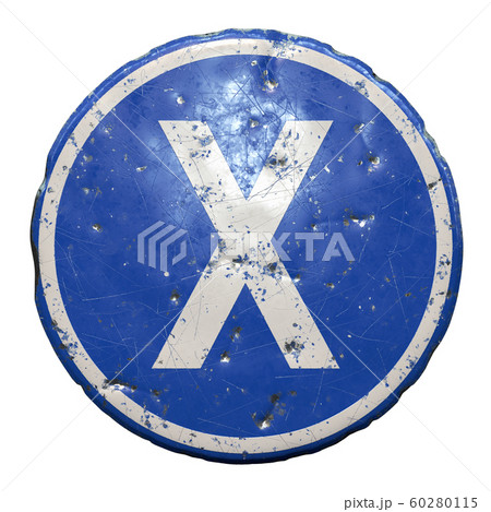 Public road sign in blue color with a capitol white letter X in the center isolated white background. 3d Public road sign in blue color with a capitol white letter X in the center isolated white background. 3d 60280115