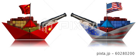 USA and China trade war - Two cargo container ships with cannons 60280200