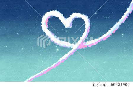 白色とピンク色のかわいい飛行機雲のハートマークと水色の星空背景イメージ素材のイラスト素材