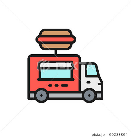 Burgers truck, fast food vehicle flat color line icon. Burgers truck, fast food vehicle flat color line icon. 60283364