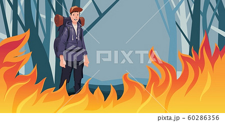 Man tourist with backpack in front of forest fire. Natural disaster and people. Flat vector illustration. 60286356
