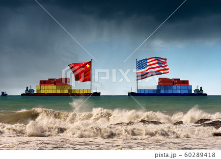 USA and China trade war - Two cargo container ships in the rough sea USA and China trade war - Two cargo container ships in the rough sea 60289418