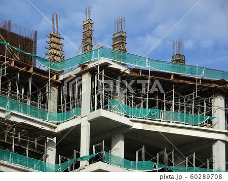 Building reinforcement concrete structure at the construction site. Post, beam and slab constructed using timber formwork by construction workers.  60289708