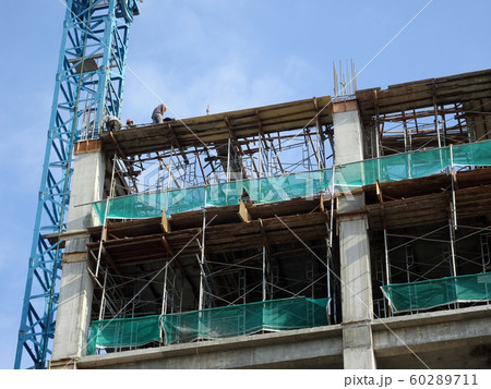 Building reinforcement concrete structure at the construction site. Post, beam and slab constructed using timber formwork by construction workers.  60289711