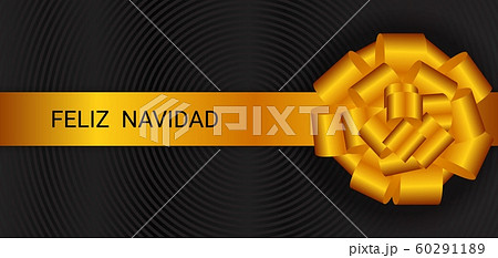 Feliz Navidad Merry Christmas Spanish text banner, minimal elegant black background decorated with golden bow. 60291189