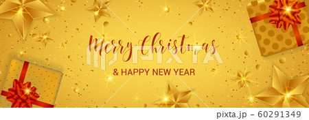 Merry Christmas banner. Cristmas festive background with objects and golden decoration 60291349