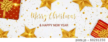 Merry Christmas banner. Cristmas festive background with objects and golden decoration 60291350