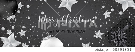 Merry Christmas banner. Christmas festive background with objects in silver and black colors. 60291351