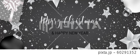 Merry Christmas banner. Christmas festive background with objects in silver and black colors. 60291352