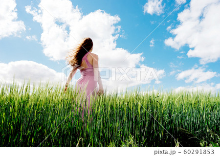 Long-haired woman in a dress on a field of blue wheat 60291853