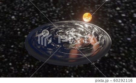 Flat Earth like dish plate in space with sun and moon 3d illustration 60292116
