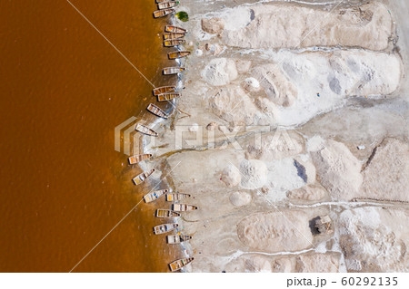 Aerial view of the small boats for salt collecting Aerial view of the small boats for salt collecting 60292135