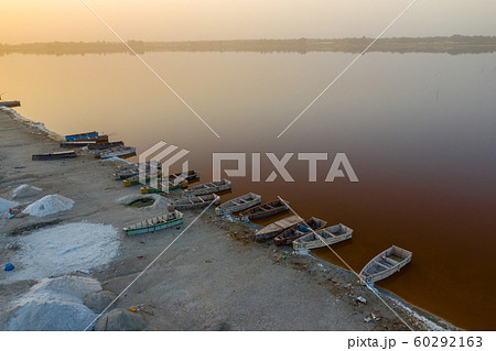 Aerial view of the small boats for salt collecting 60292163