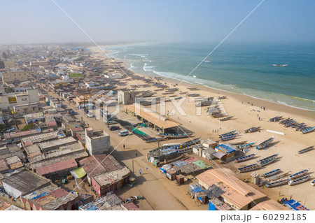Aerial view of fishing village, pirogues fishing Aerial view of fishing village, pirogues fishing 60292185