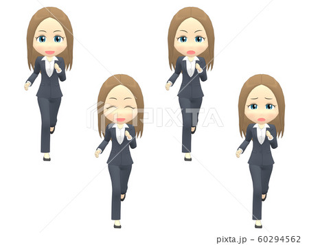 走る 白人 女性 スーツ ストレート 正面のイラスト素材