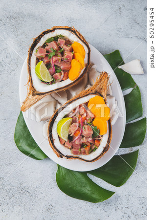 Easter island Tahitian, Hawaiian Tuna Ceviche with sweet potato in Natural zero waste coconuts Easter island Tahitian, Hawaiian Tuna Ceviche with sweet potato in Natural zero waste coconuts 60295454