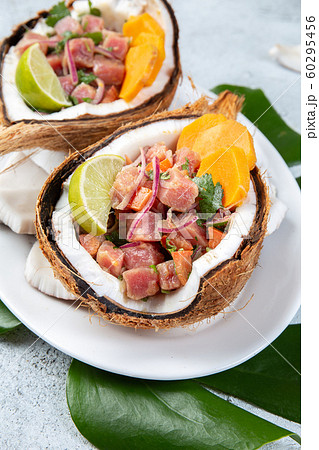 Easter island Tahitian, Hawaiian Tuna Ceviche with sweet potato in Natural zero waste coconuts Easter island Tahitian, Hawaiian Tuna Ceviche with sweet potato in Natural zero waste coconuts 60295456