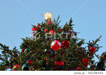 Shot from below of the details of a Christmas tree with red ornaments Shot from below of the details of a Christmas tree with red ornaments 60298464