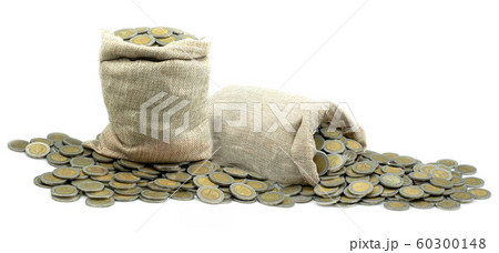 Stacking coin in sack on white background Stacking coin in sack on white background 60300148