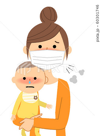 若い女性と赤ちゃん 風邪 インフルエンザのイラスト素材