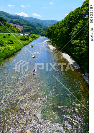 アユ釣りで賑わう夏の気仙川。陸前高田、岩手、日本。７月上旬。の写真