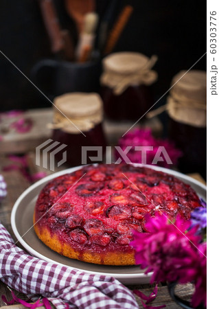 Fresh homemade upside-down plum cake Fresh homemade upside-down plum cake 60303776