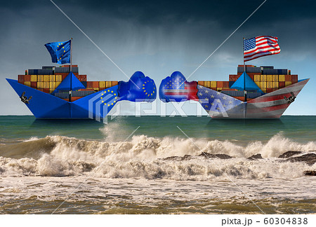 USA and European Union trade war - Two cargo container ships with boxing gloves 60304838
