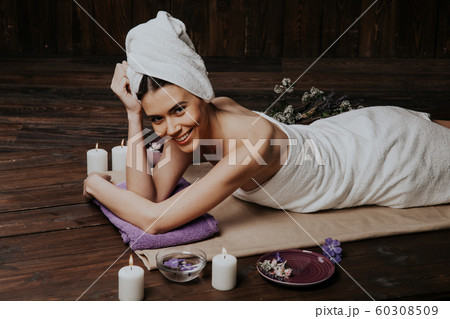 girl lies in the sauna before the massage and Spa 60308509