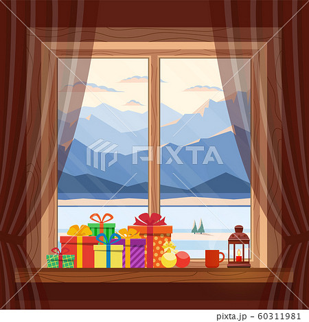Christmas gifts on window in cozy home. Celebrating Christmas and New year. Vector flat illustration. 60311981